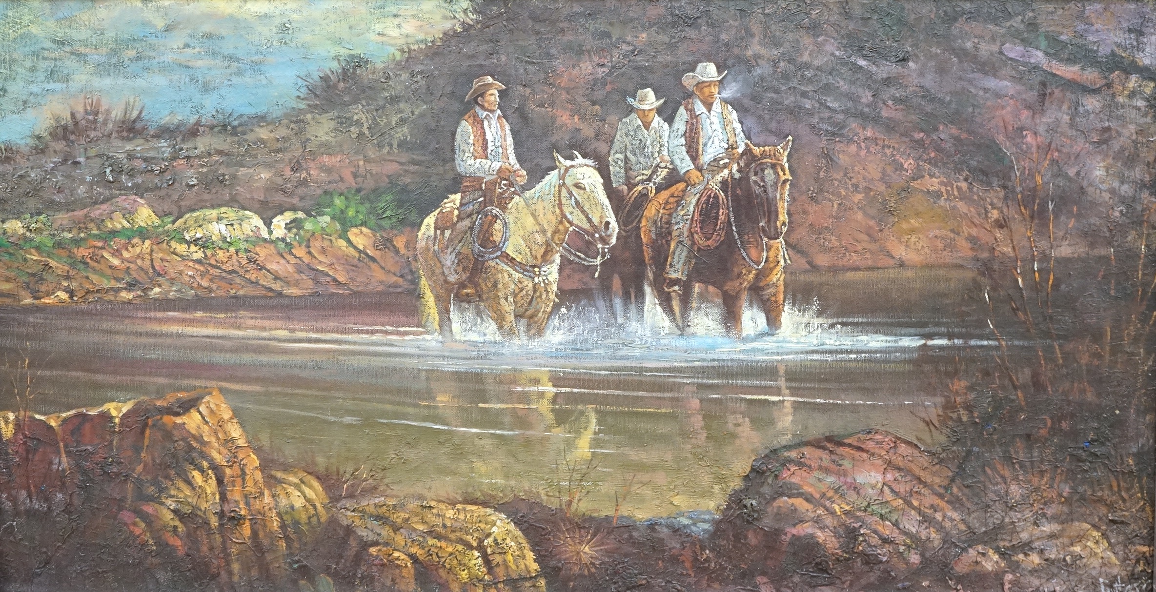 American School, Riverscape with western riders, impasto oil on board, 45 x 85cm